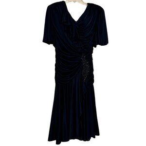 Vintage 80's Womens Filigree LTD Navy Ruffled Dress - Size 10